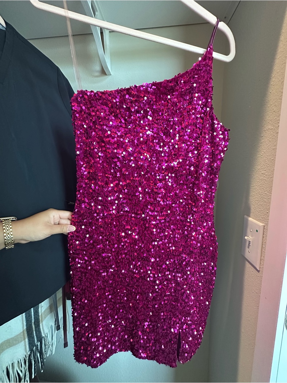 Fuchsia Sequin One-Shoulder Mini Dress